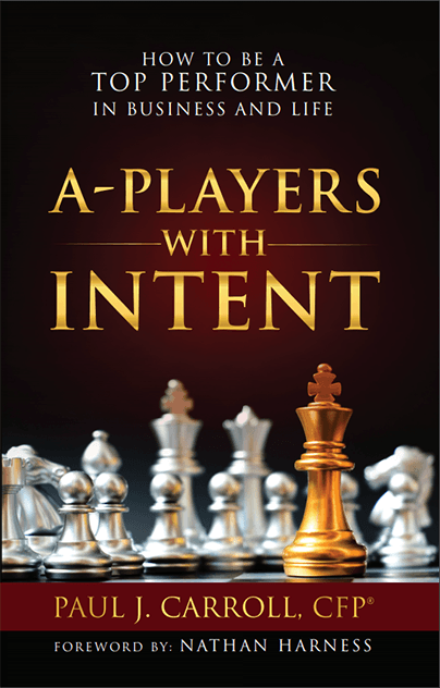 Cover of A-Players with Intent by Paul J. Carroll, featuring chess pieces.