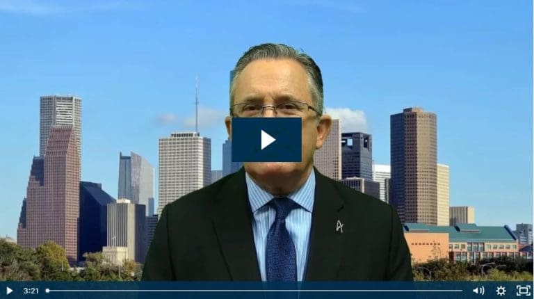 Man speaking with cityscape background video.