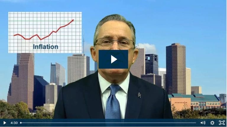 Man discusses rising inflation graph with city skyline backdrop.