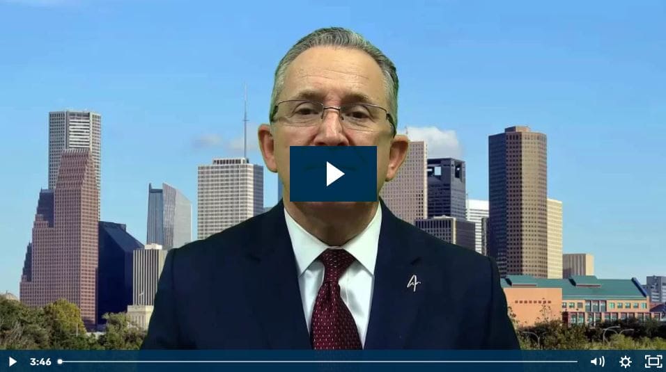 Businessman presenting against city skyline background.