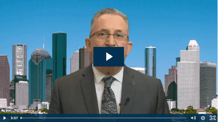 Businessman speaking with city skyline backdrop video thumbnail.