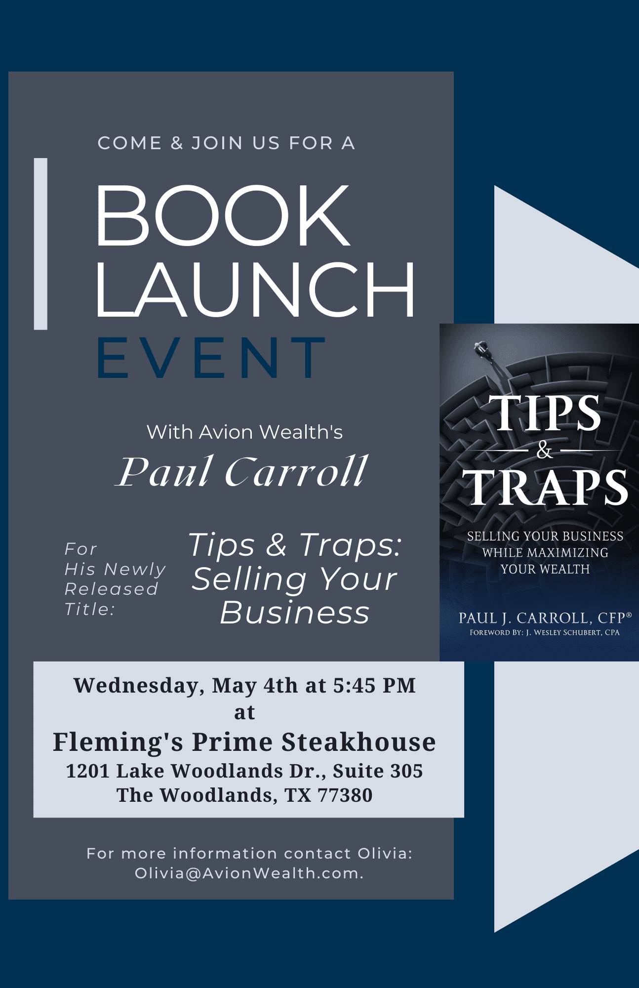 Book launch event flyer for Tips & Traps: Selling Your Business by Paul Carroll.