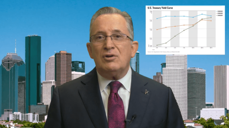 Man discussing U.S. Treasury yield curve chart with city skyline backdrop.