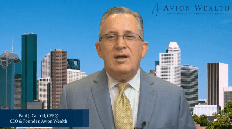 Man in suit speaking with cityscape background. Avion Wealth logo visible.