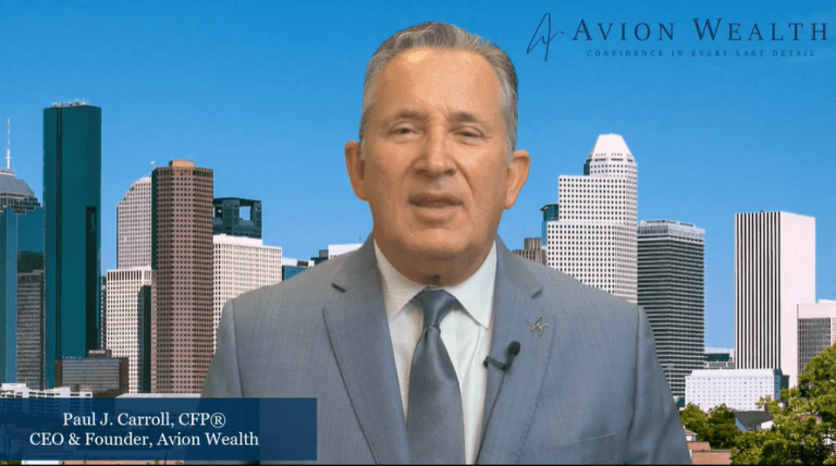 Businessman in suit with city skyline background and Avion Wealth branding.