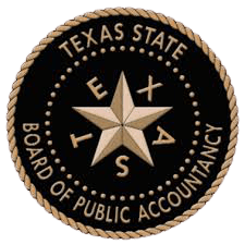 Seal of Texas State Board of Public Accountancy with star emblem.