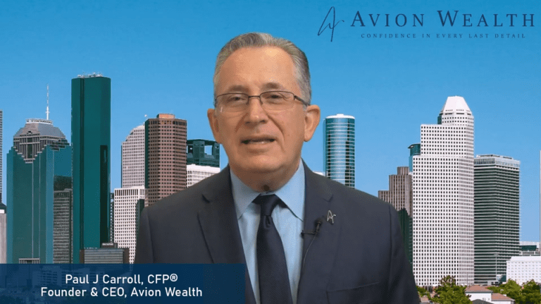 Businessman in suit stands in front of city skyline and Avion Wealth logo.