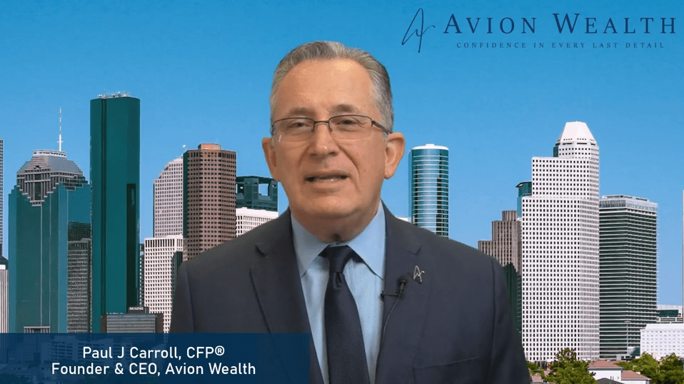 Businessman in suit stands in front of city skyline and Avion Wealth logo.