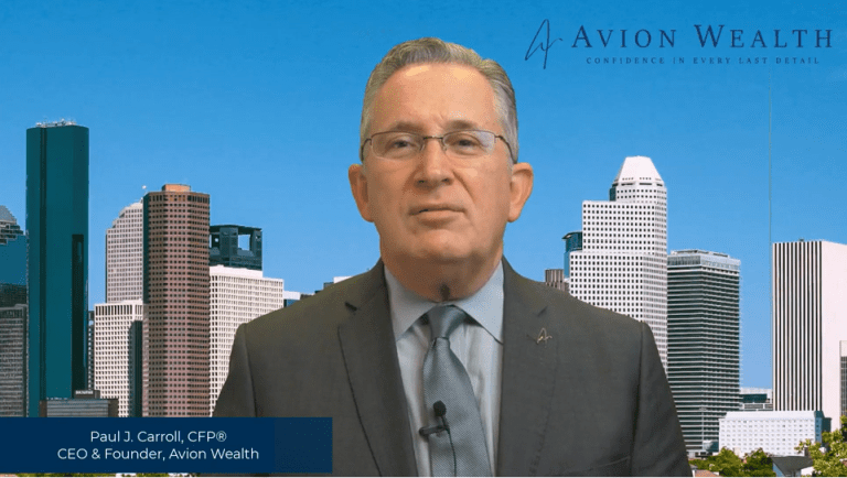 Man in suit with city skyline, Avion Wealth logo in background.