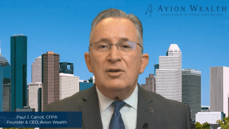 Man in suit with city skyline, Avion Wealth branding.