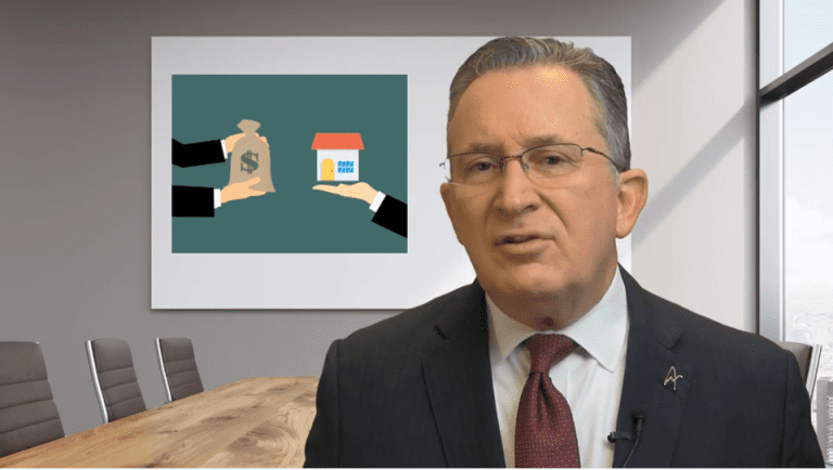 Man in suit discussing real estate with transaction illustration.