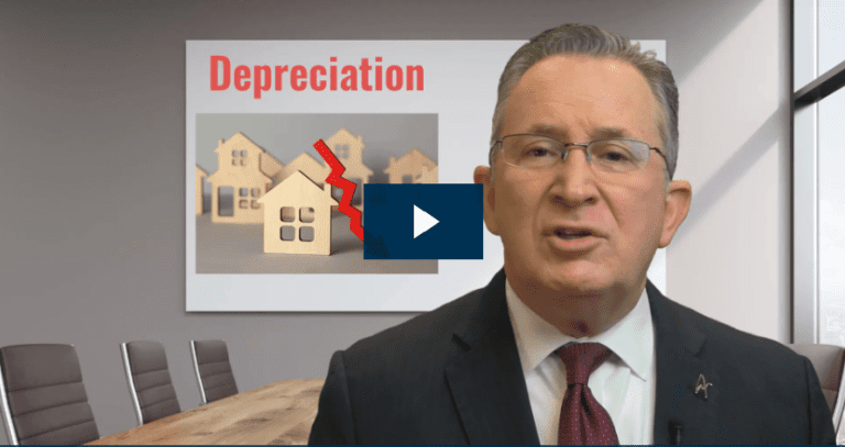 Businessman discusses property depreciation in a conference room setting with presentation.