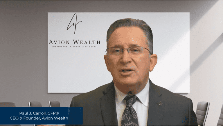 CEO speaking at Avion Wealth office with logo on display.