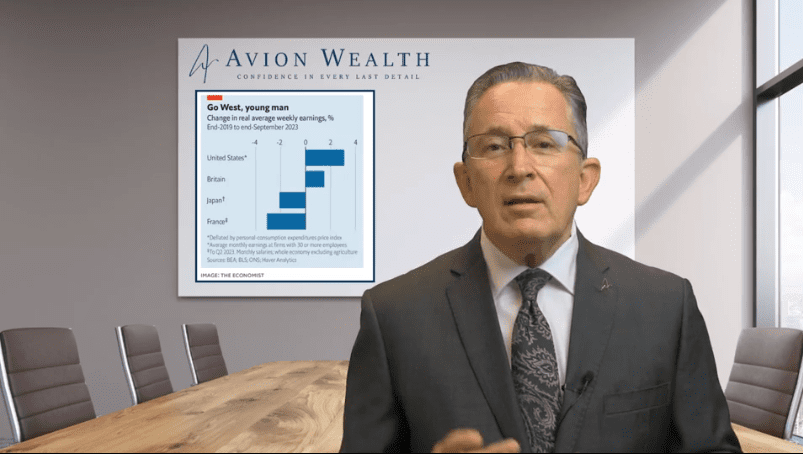 Man in office presenting data on wage changes by country.