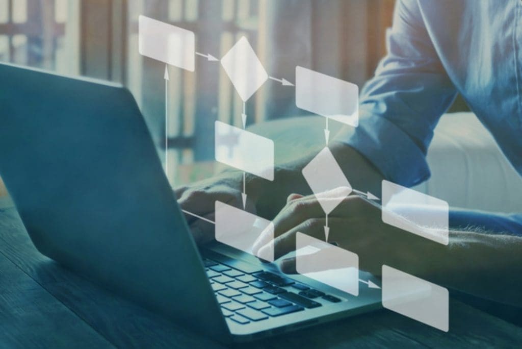 Laptop with a digital flowchart, representing workflow automation and process management.