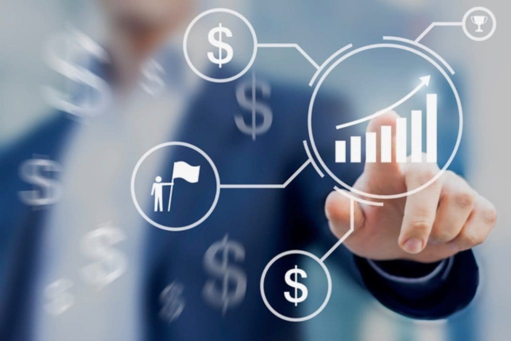 Graphic with financial chart icons and dollar signs depicting evaluating a business 