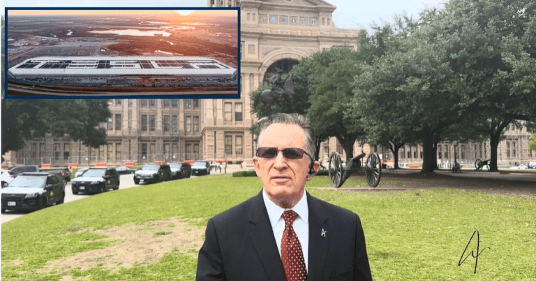 Man in suit outside historic building with inset aerial photo of building at sunset.