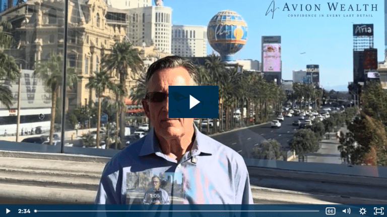 Man discusses wealth strategies in Las Vegas setting, Avion Wealth logo visible.