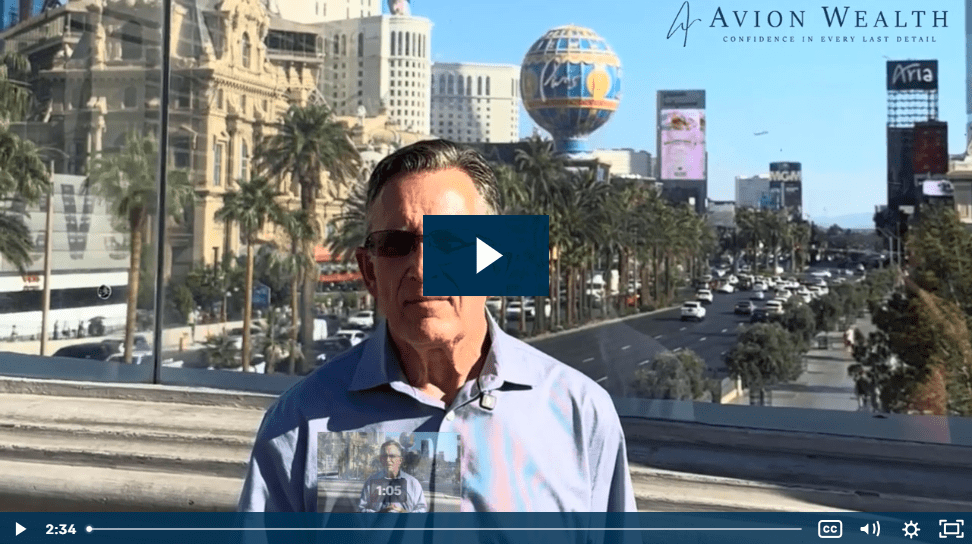 Man discusses wealth strategies in Las Vegas setting, Avion Wealth logo visible.