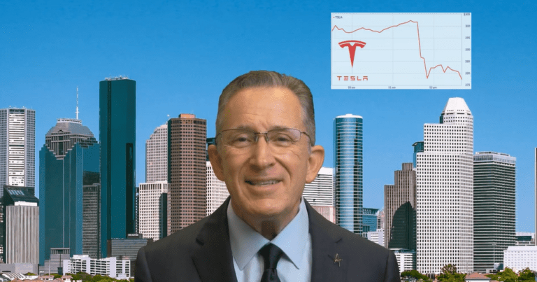 Man in suit in front of a city skyline with Tesla stock chart.