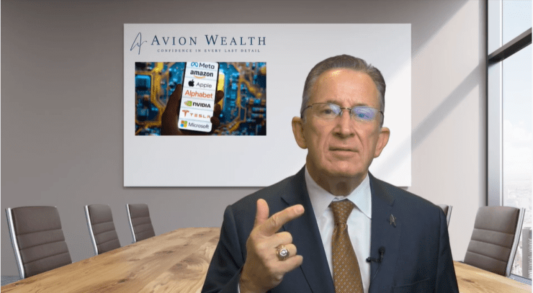 Company boardroom with a speaker in suit, Avion Wealth sign.