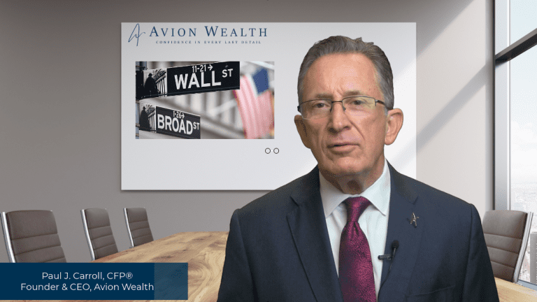 Businessman in office with Wall Street sign; Avion Wealth branding visible.