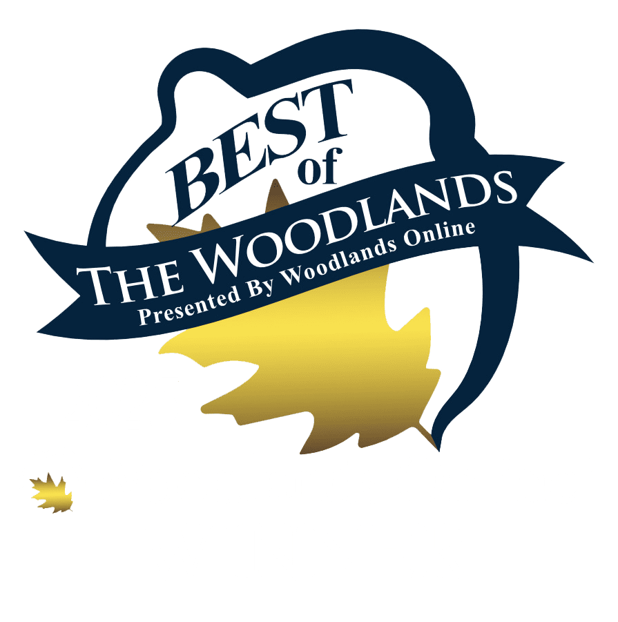Best of The Woodlands logo with golden leaf accent.