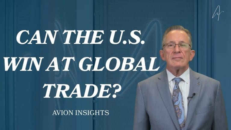 Man in suit with 'Can the U.S. win at global trade?' text, Avion Insights background