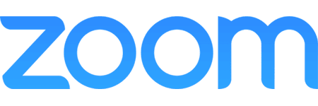 Zoom logo in blue, representing video conferencing platform branding.