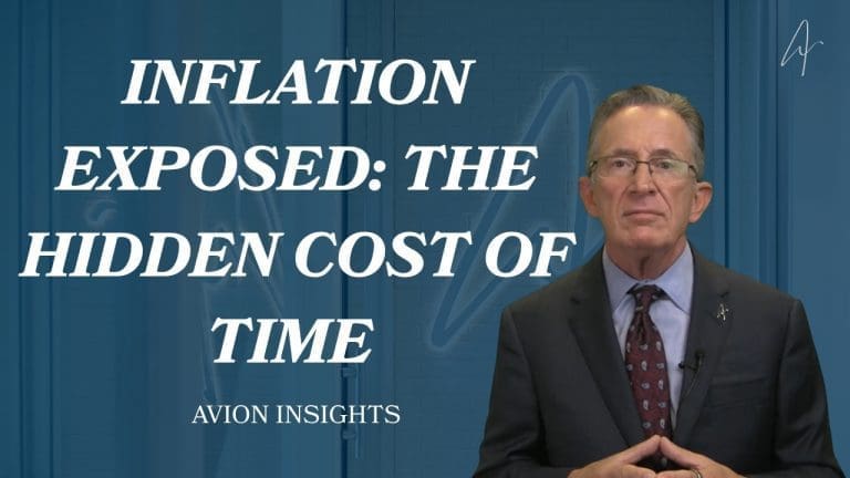 Man in suit presenting on inflation and time costs, Avion Insights backdrop.