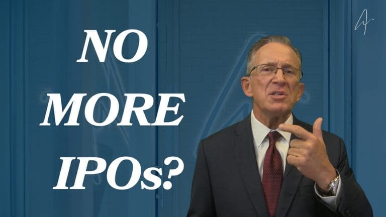 Man in suit questioning future of IPOs with text NO MORE IPOs? in the background.