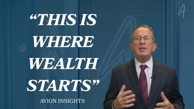 Man in a suit speaking, text: This is where wealth starts by Avion Insights.